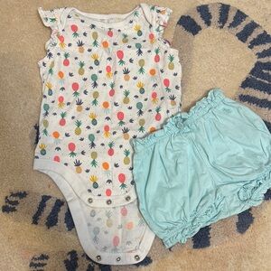 Colorful Fruit Print Baby Bodysuit and Blue Shorts Set